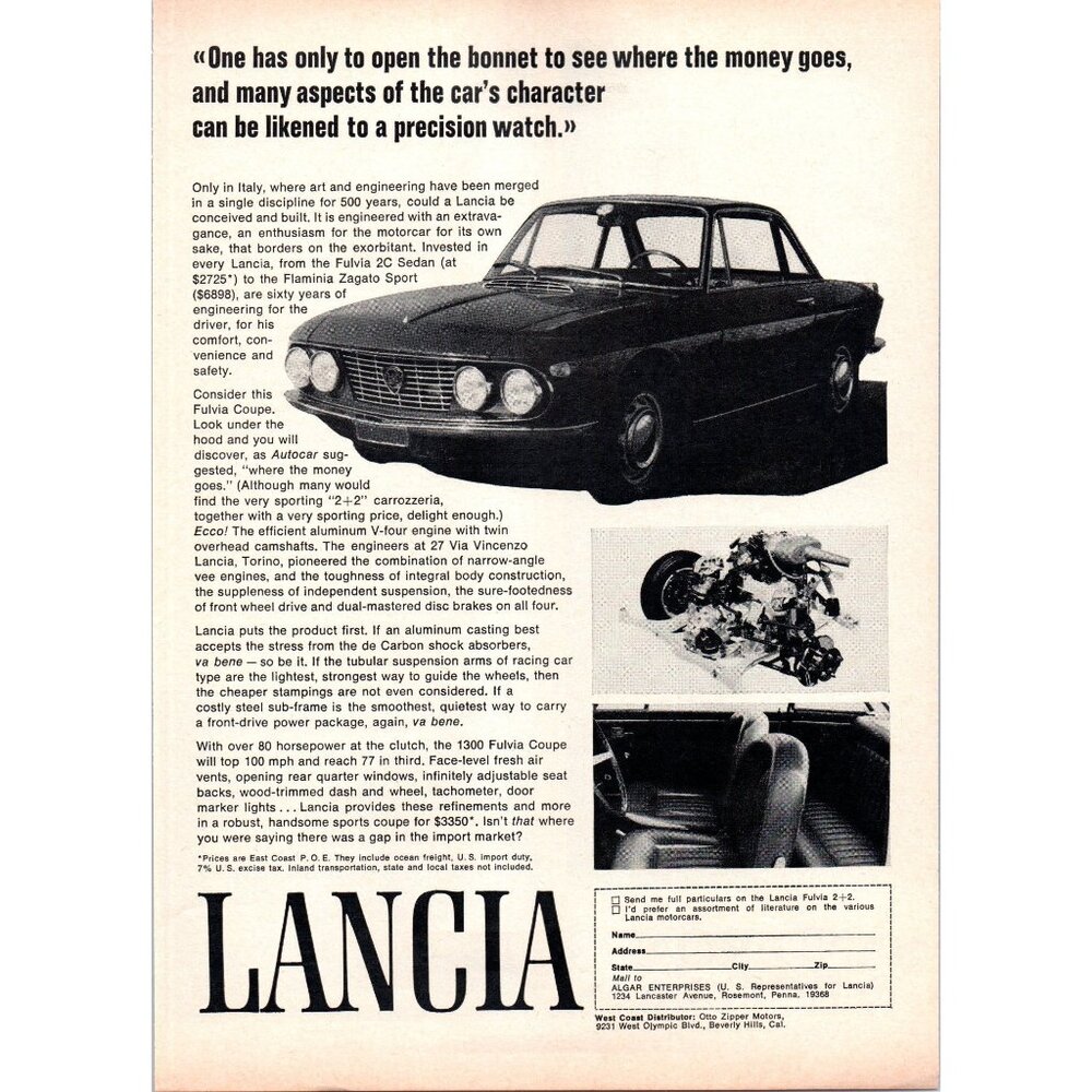 1967 Lancia Fulvia Coupe 2 Door Vintage Print Ad Italian Sports Car 60s Wall Art